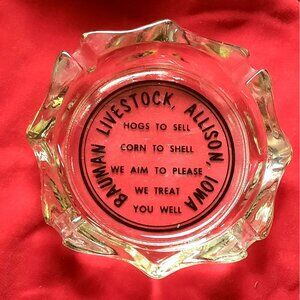 Vintage Ashtray Bauman Livestock Allison, Iowa Clear Farm Advertising Ashtray